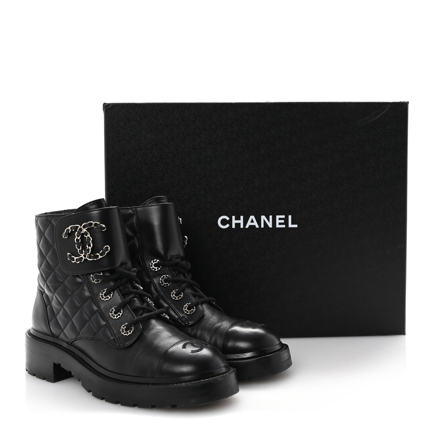 Chanel Shiny Lambskin Quilted Lace Up Combat Boots 37 Black 10 of 10