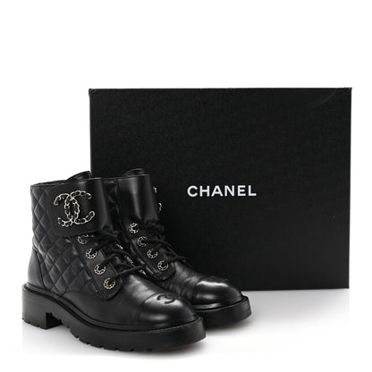 Chanel Shiny Lambskin Quilted Lace Up Combat Boots 37 Black 10 of 10