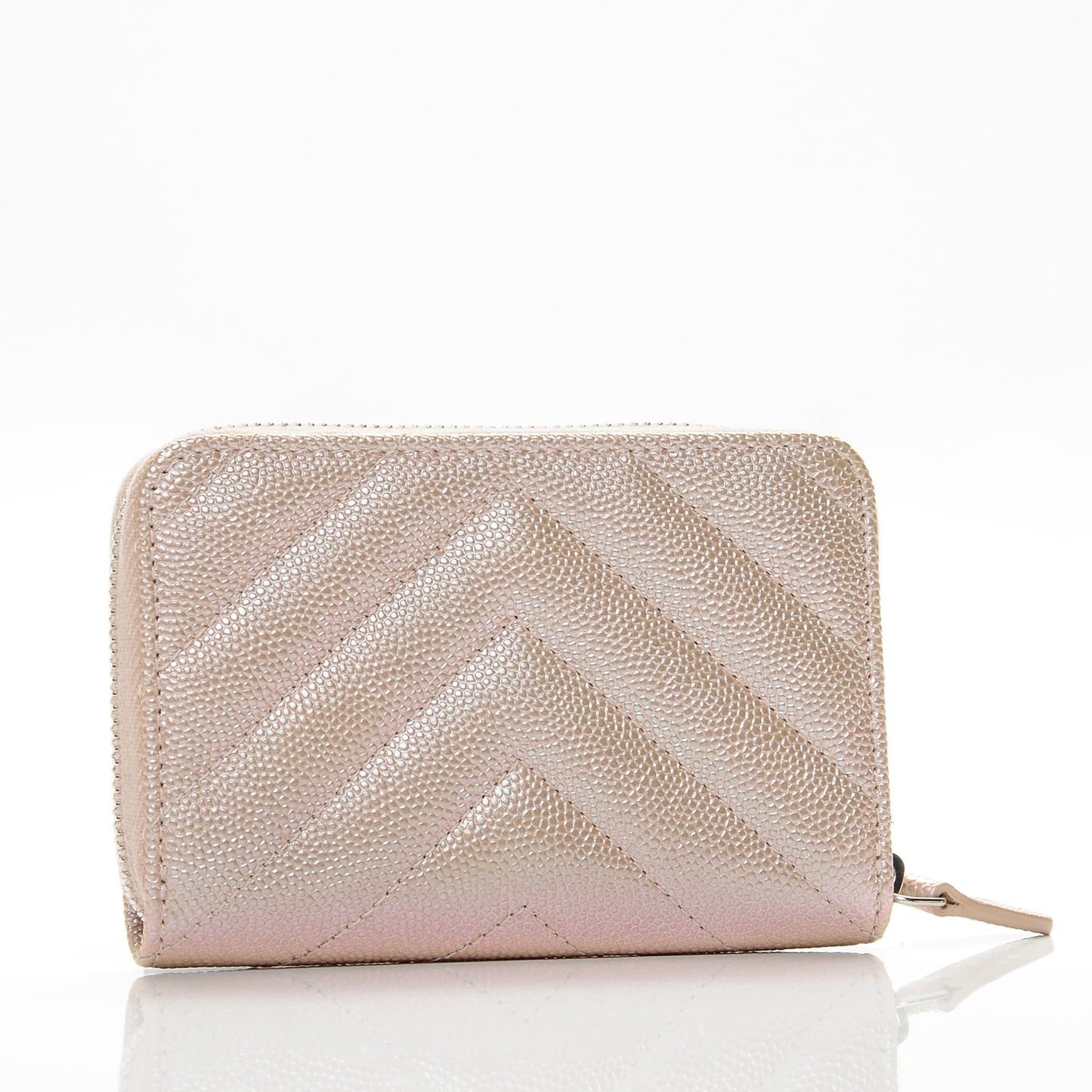 Metallic Caviar Chevron Quilted Zip Around Coin Purse Light Gold