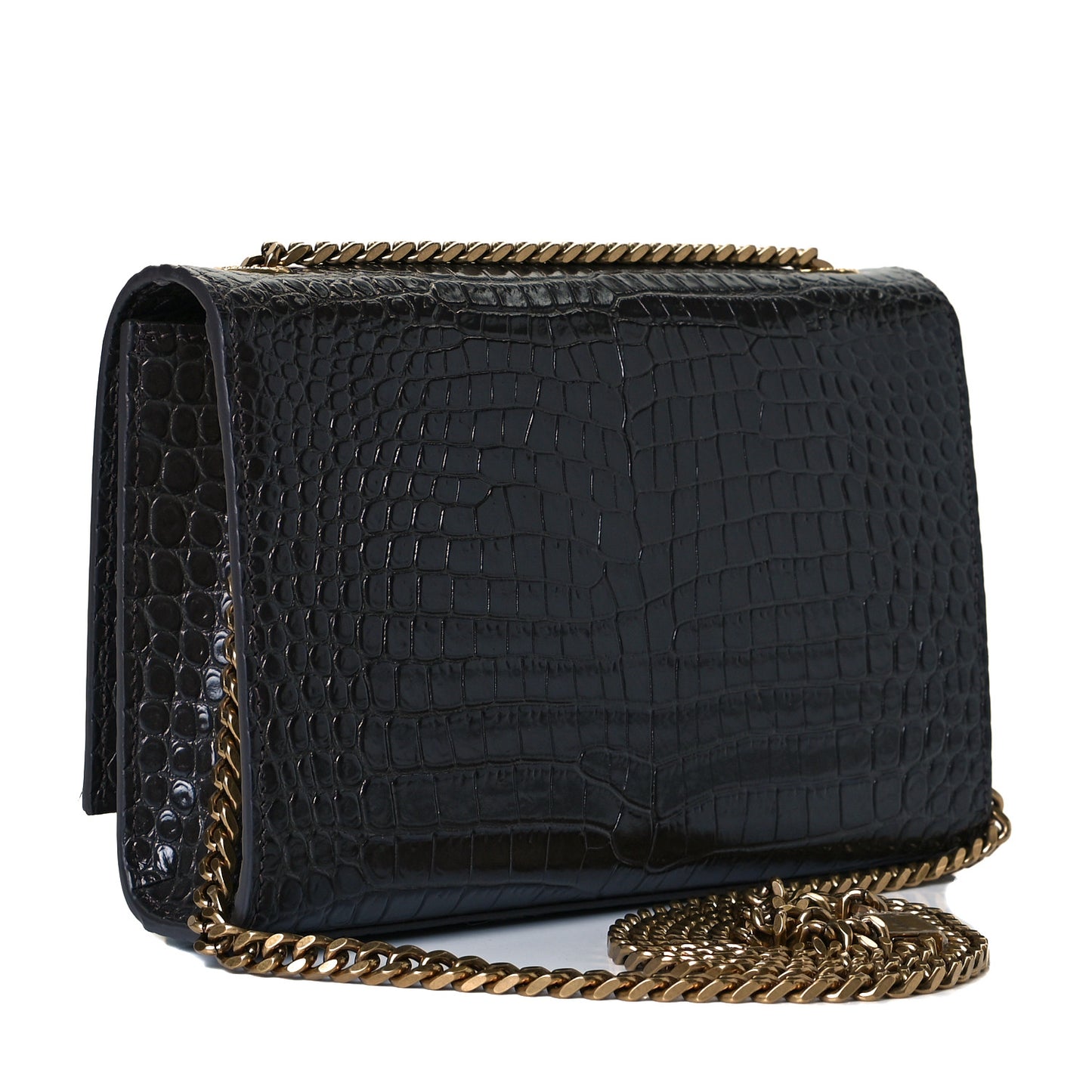 Calfskin Crocodile Embossed Small Classic Monogram Kate Tassel Satchel Pebble