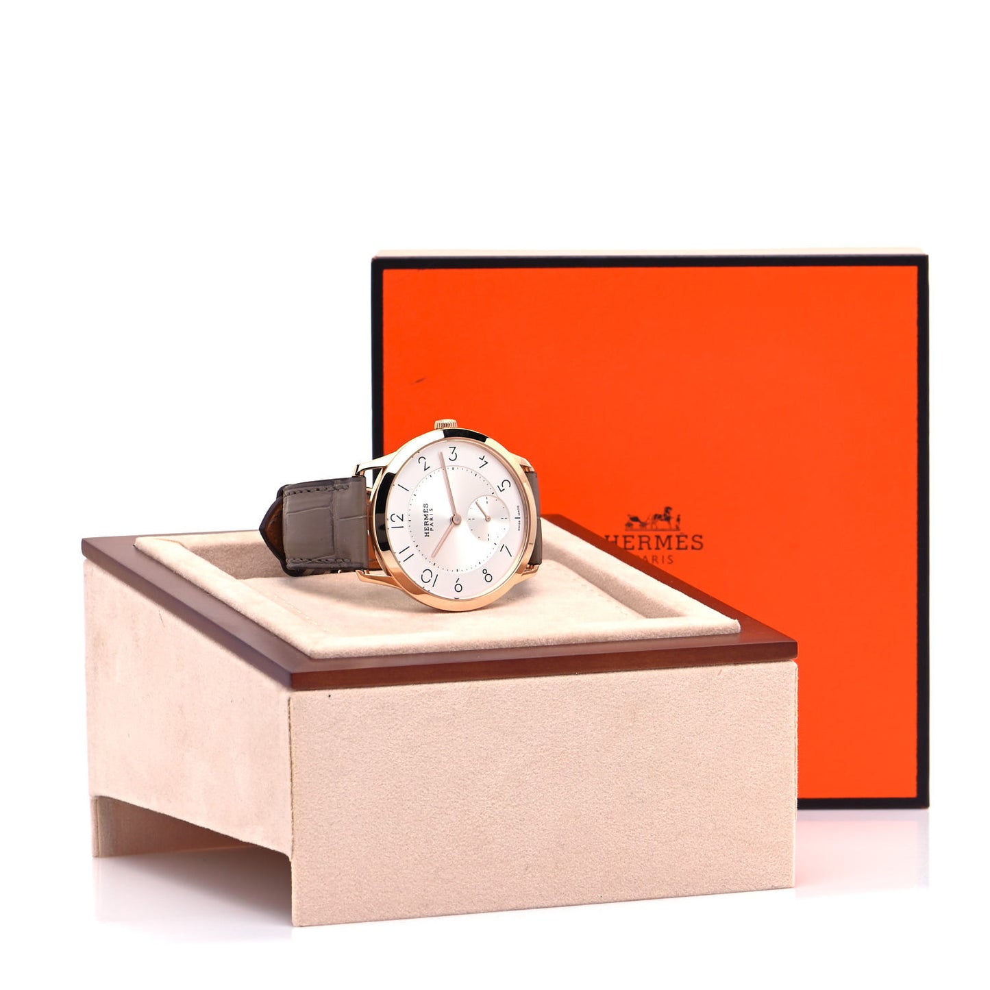 18K Rose Gold Alligator 39.5mm Slim D'Hermes Automatic Watch Etoupe