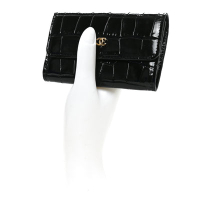 Chanel Calfskin Crocodile Embossed Crococo Flap Cardholder Black 2 of 9