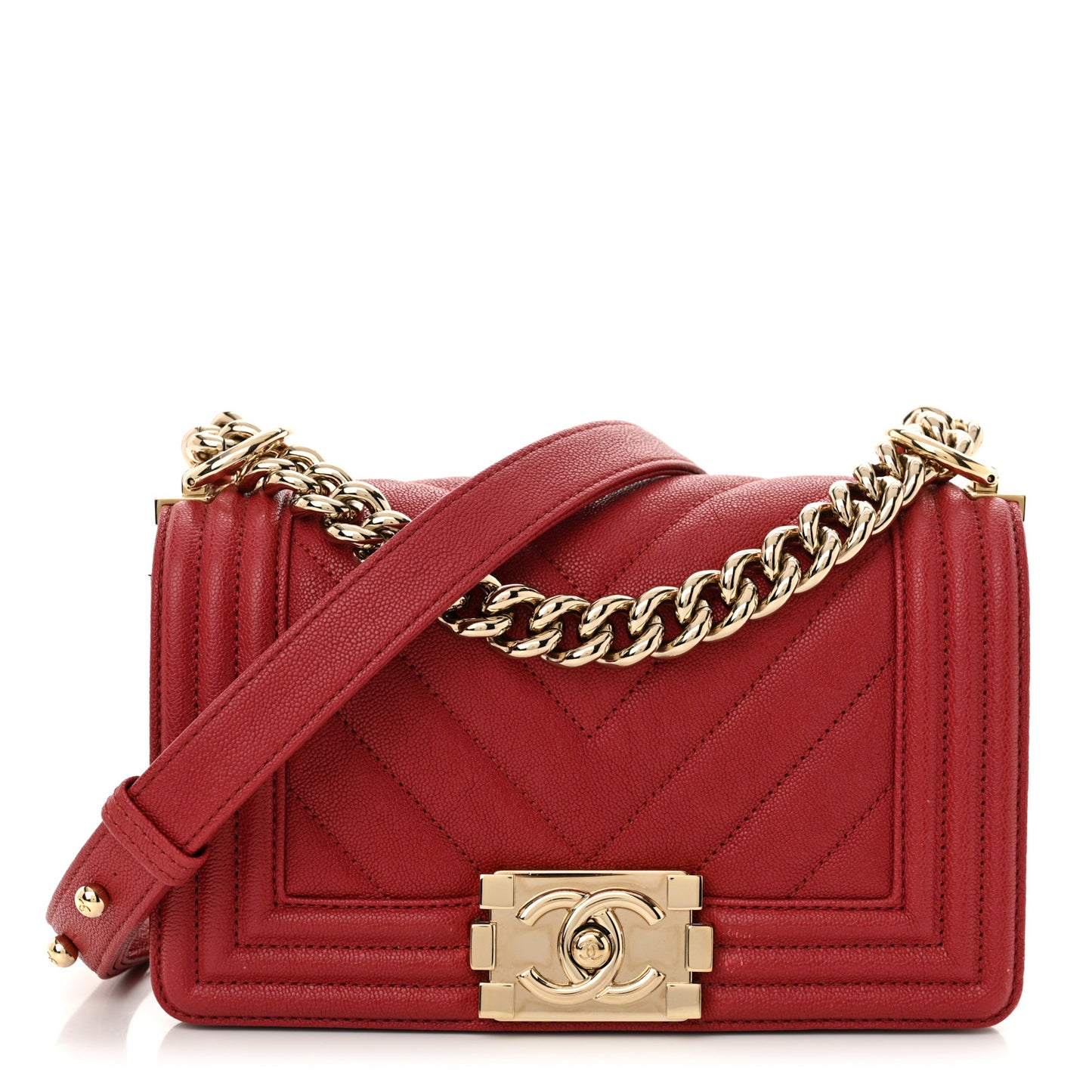 Caviar Chevron Quilted Small Boy Flap Red