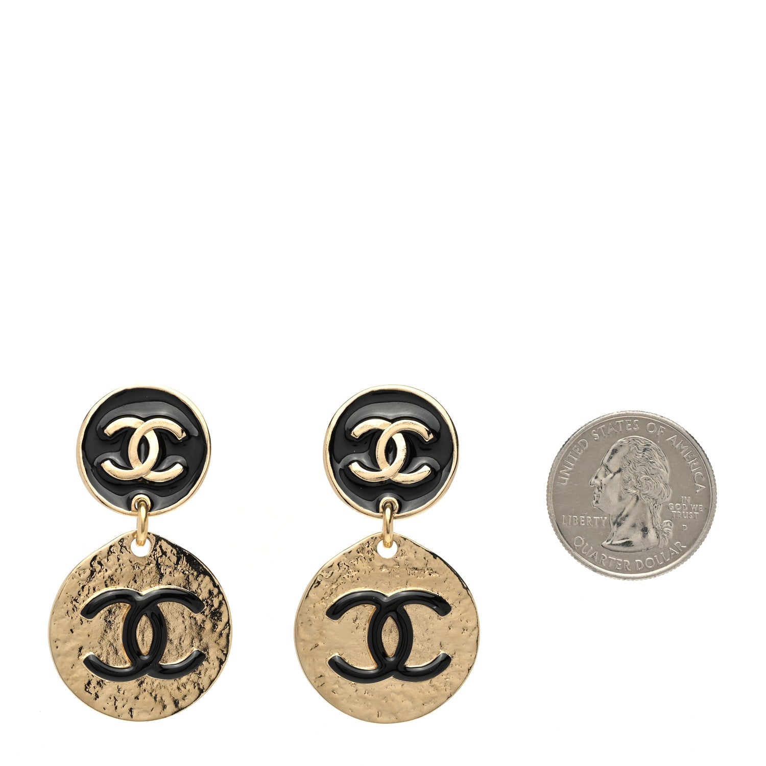 Chanel Enamel CC Disc Drop Earrings Gold Black 2 of 5