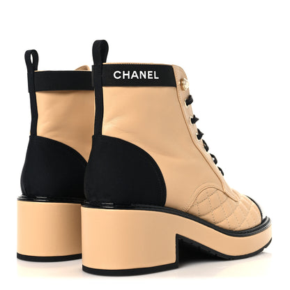 Chanel Lambskin Patent Calfskin Quilted Lace Up Boots 38 Beige Black 5 of 9