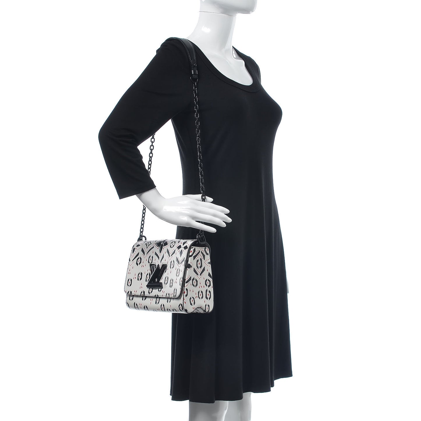 Calfskin Graphic Print Twist Shoulder Bag MM White Black