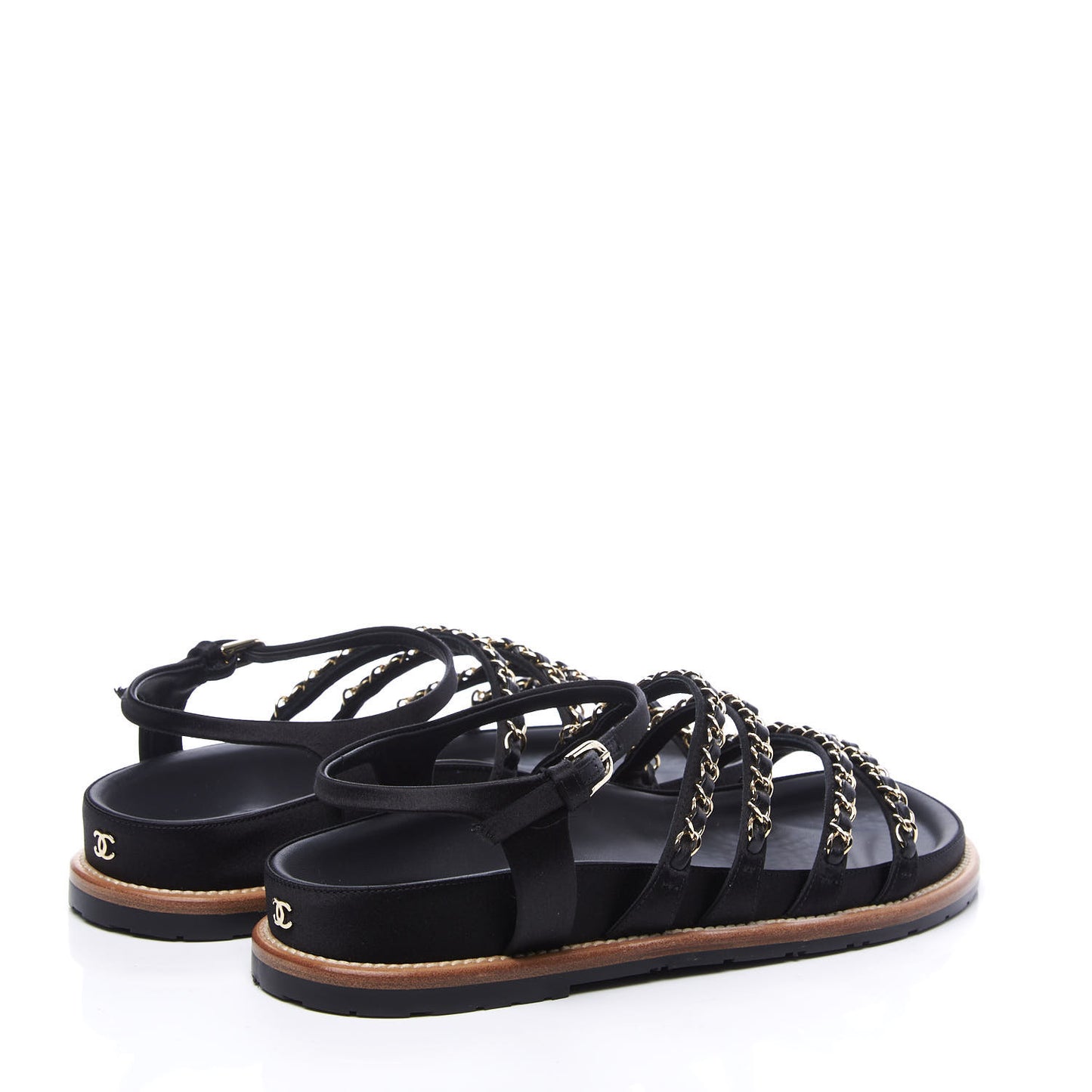 Satin Lambskin Chain Flat Sandals 38.5 Black