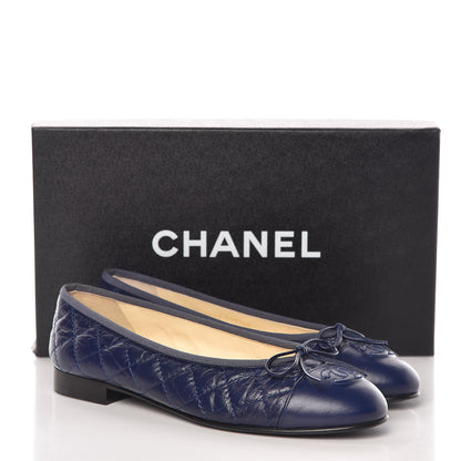 Chanel Aged Calfskin Quilted CC Cap Toe Ballerina Flats 37 Navy 10 of 10