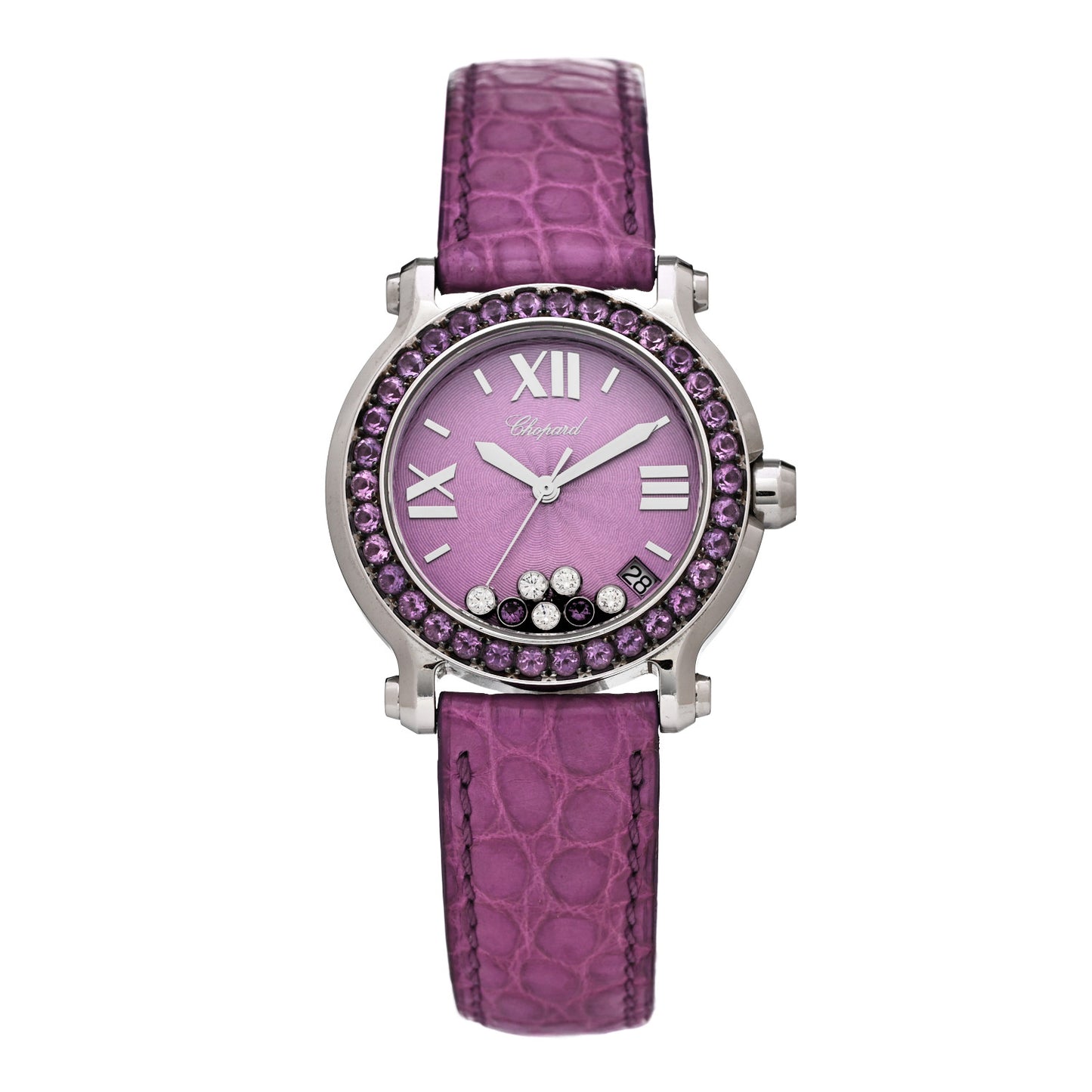 Stainless Steel Alligator Diamond Amethyst 36mm Happy Sport Quartz Watch Violet