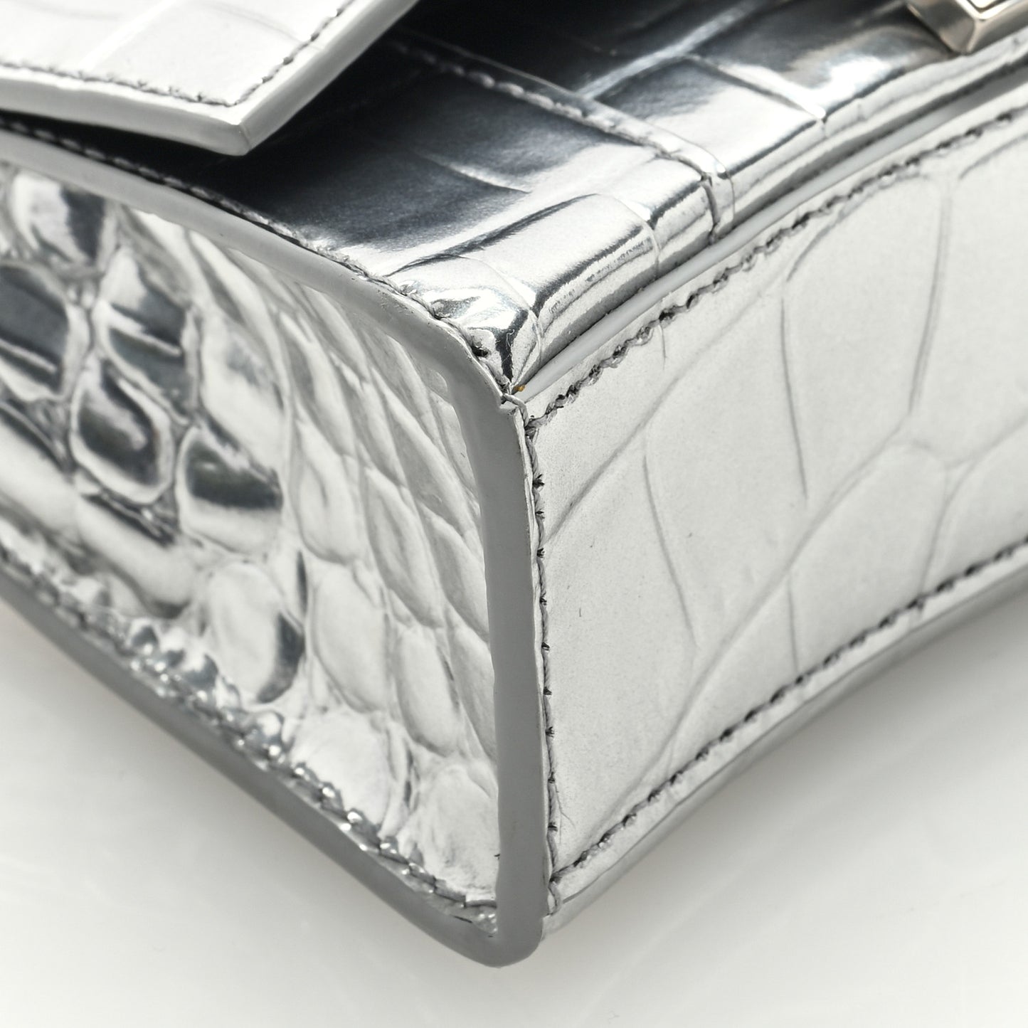 Metallic Calfskin Crocodile Embossed Hourglass Top Handle Bag Mini Silver