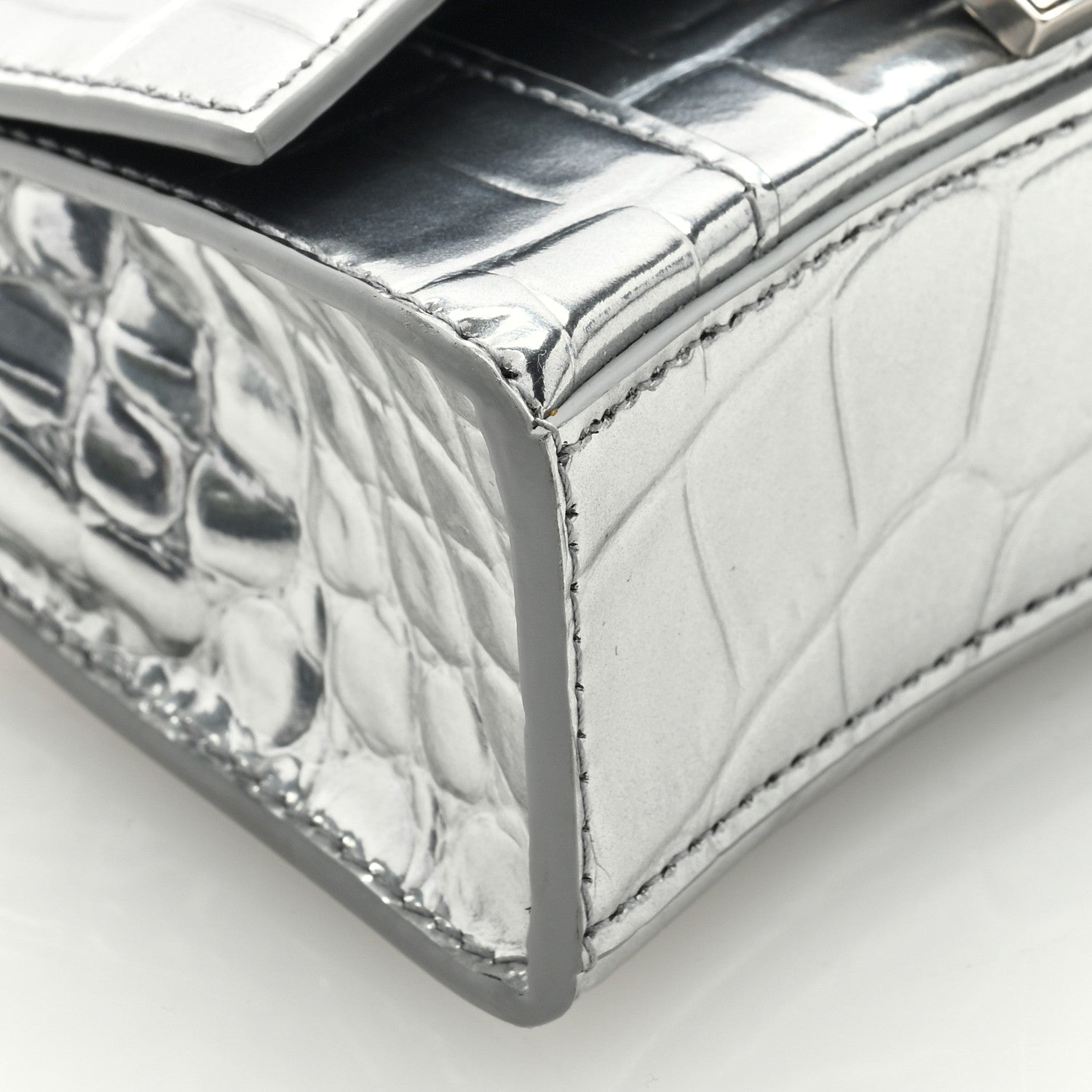 Balenciaga Metallic Calfskin Crocodile Embossed Hourglass Top Handle Bag Mini Silver 8 of 9