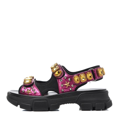 Gucci Nappa Mesh Crystal Embellished Studded Womens Aguru Sandals 37 Pink Black 1 of 15