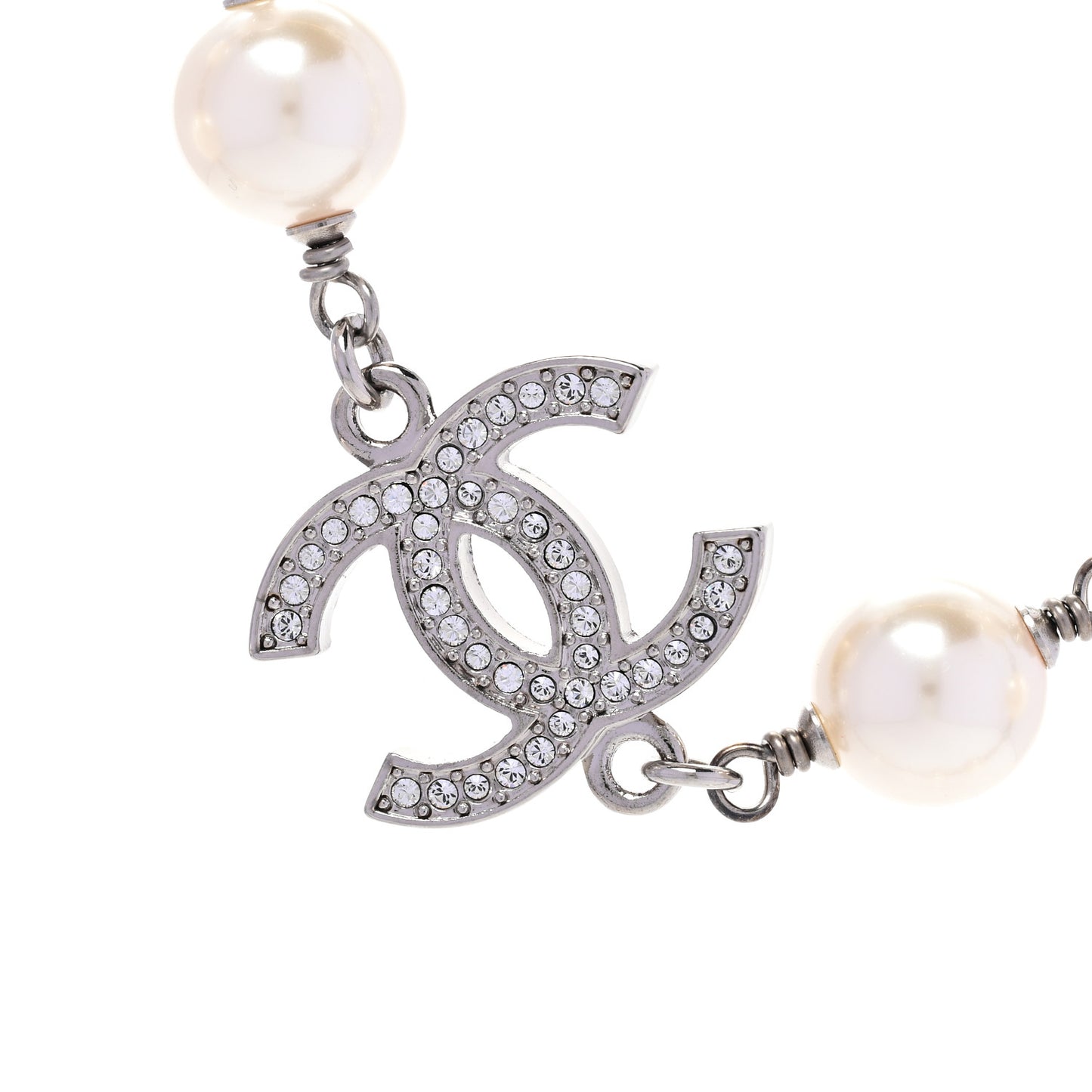 Graduated Pearl Crystal CC Long Necklace Silver