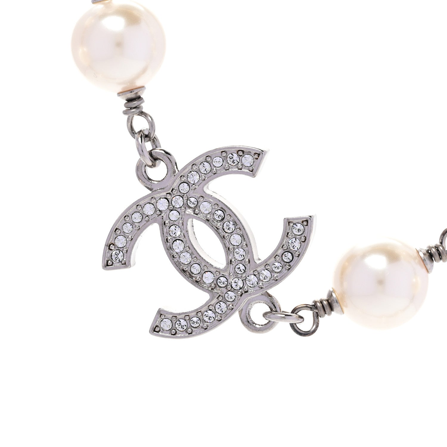Chanel Graduated Pearl Crystal CC Long Necklace Silver 4 of 6