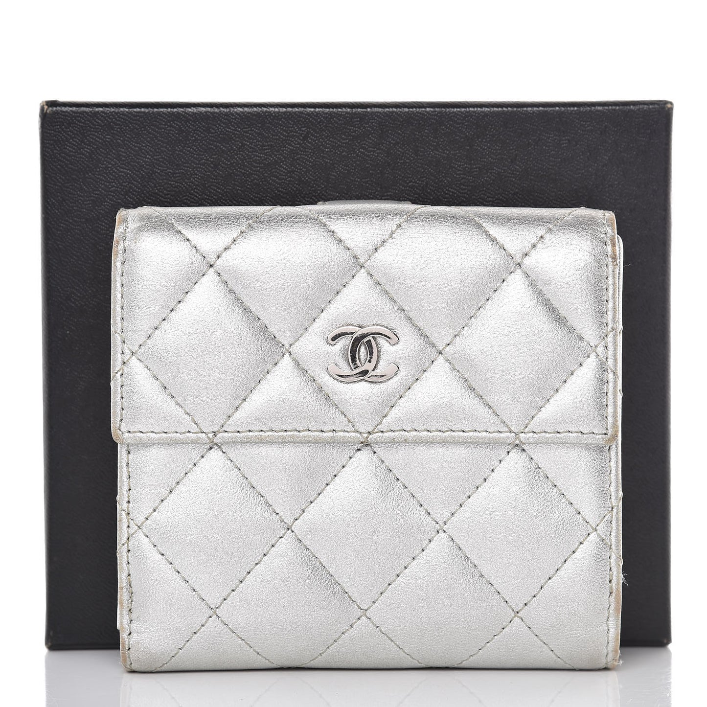 Metallic Lambskin Quilted Compact French Flap Wallet Silver