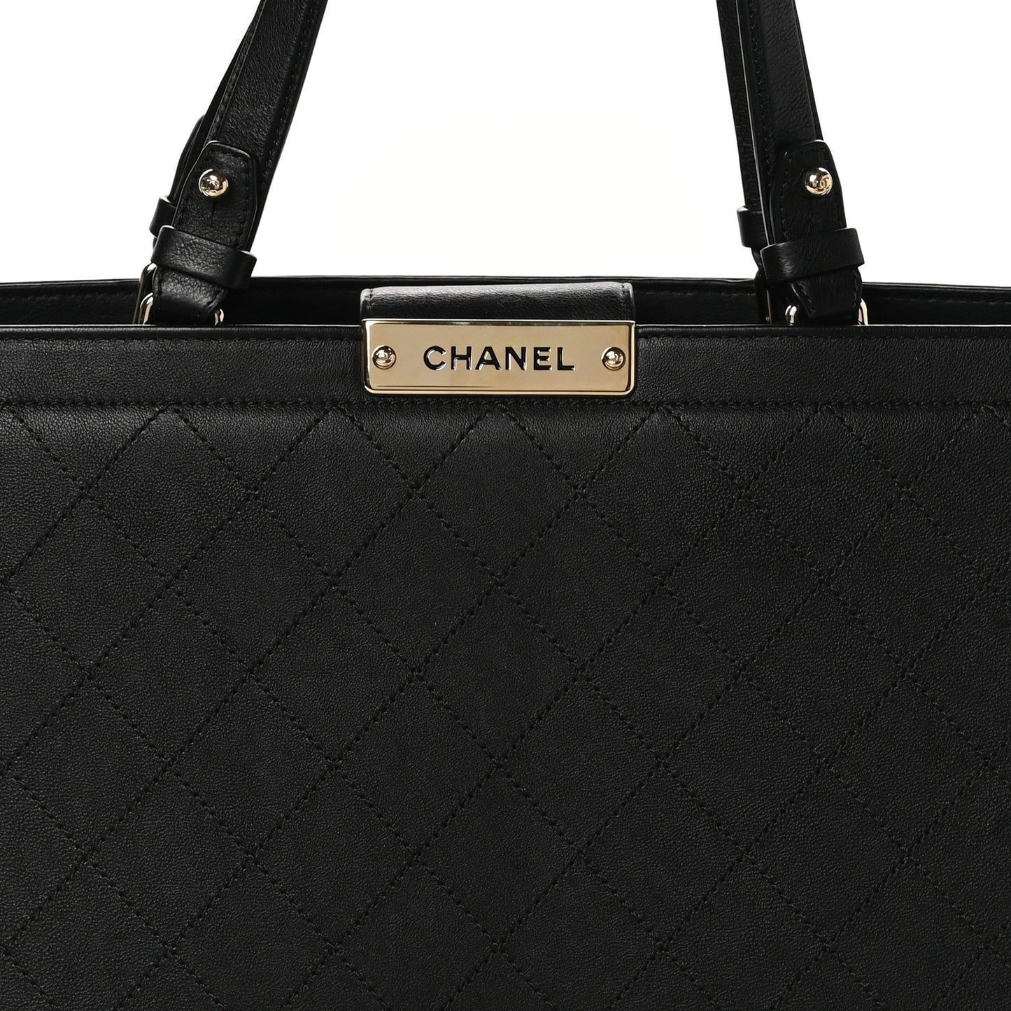 Grained Calfskin Stitched Large Label Click Shopper Tote Black