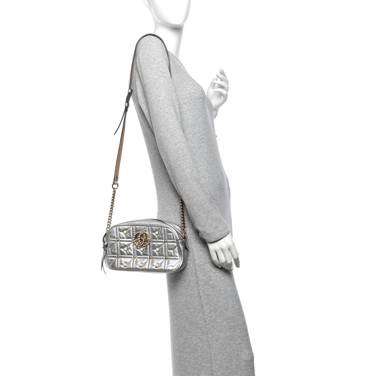 Metallic Calfskin Matelasse Studded Small Pearly GG Marmont Chain Shoulder Bag Silver