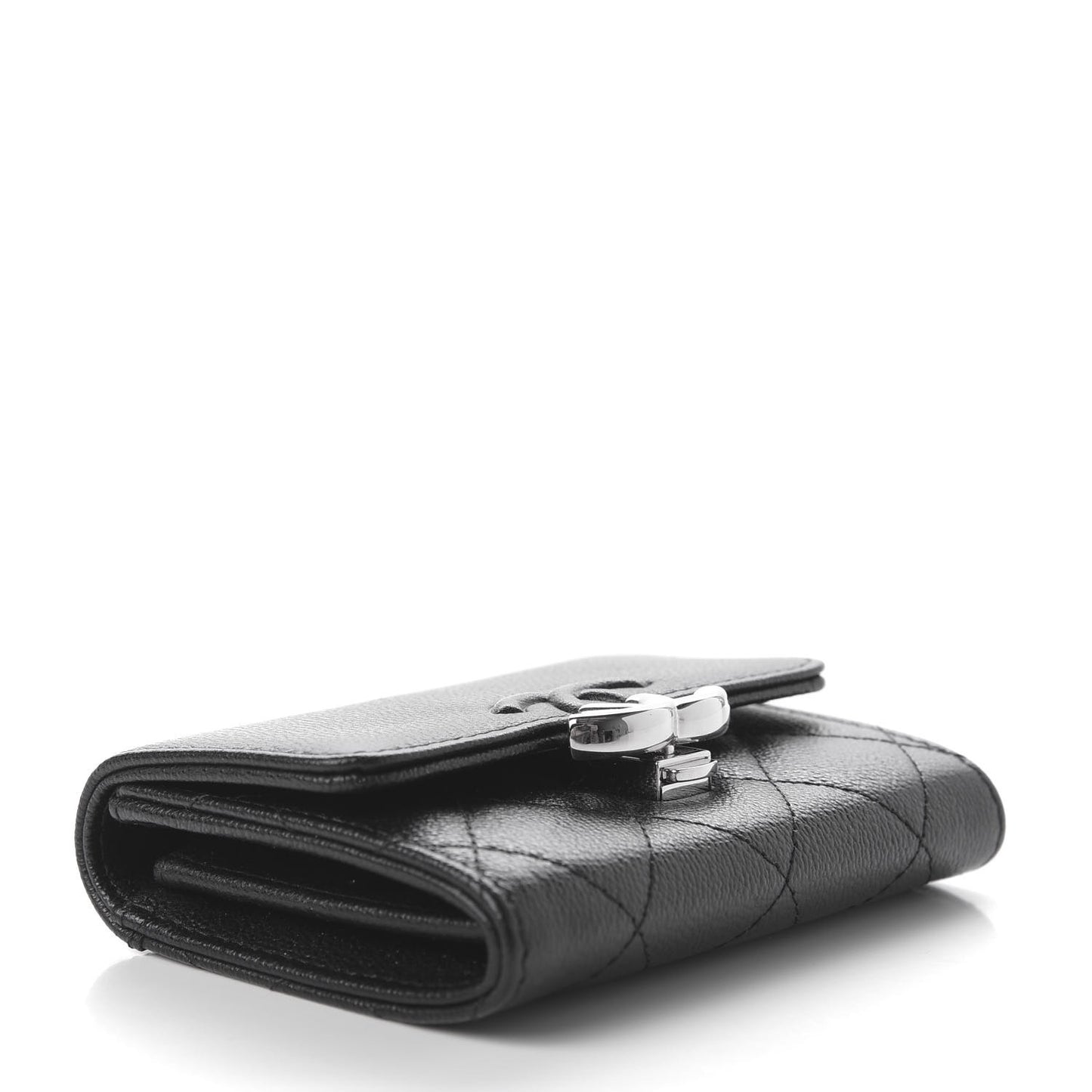 Grained Calfskin Quilted CC Box Compact Flap Wallet Black