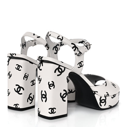 Chanel Printed Lambskin Coco Beach Platform Sandals 39 White Black 4 of 9