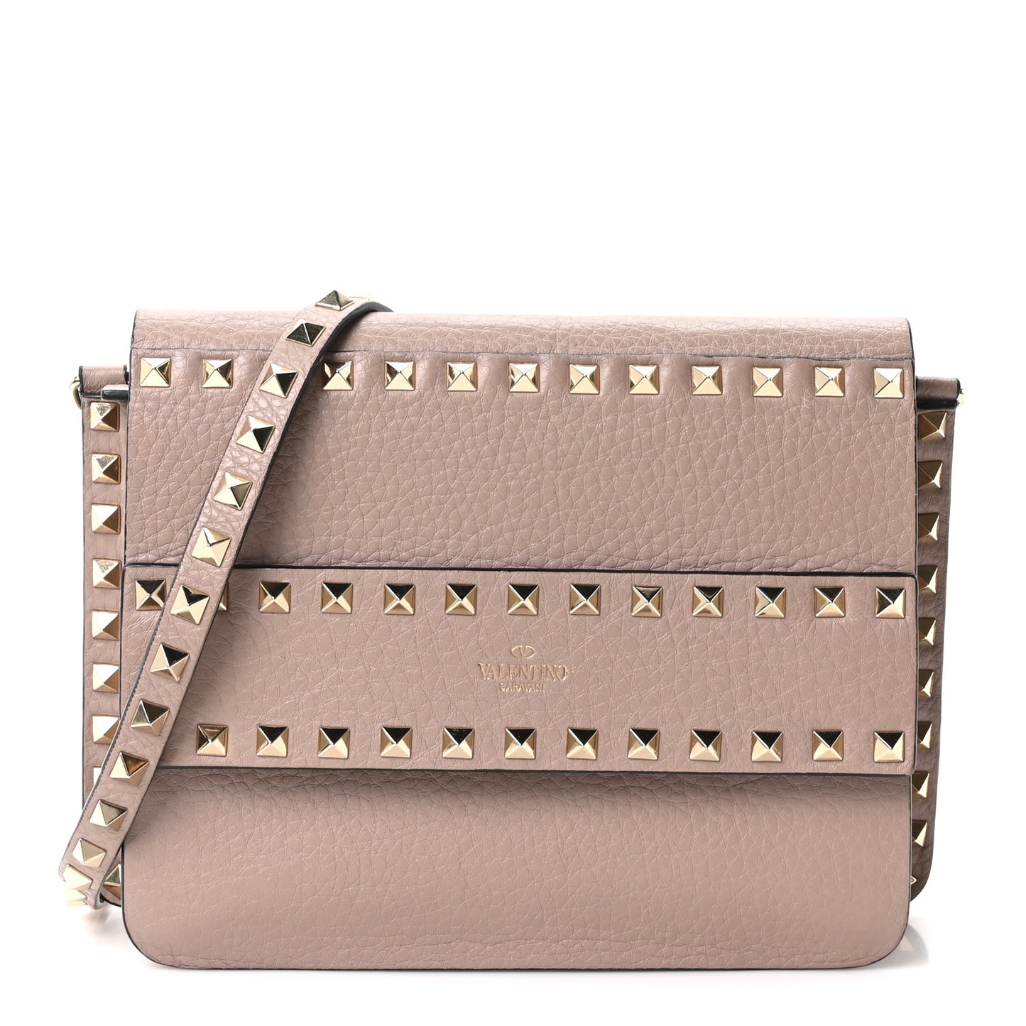 Grained Calfskin Small Rockstud Flap Crossbody Bag Poudre