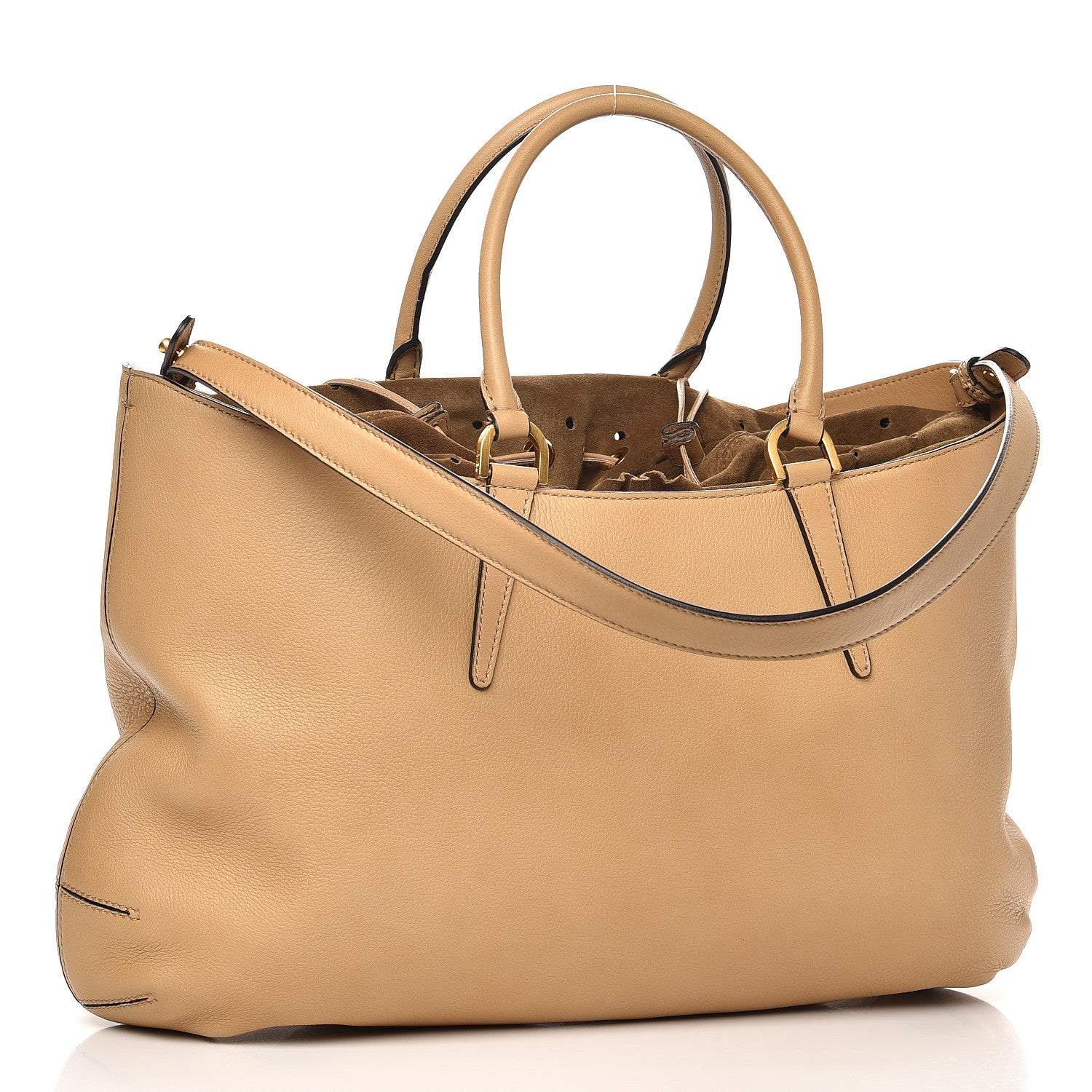 Fendi Calfskin Suede Perforated B Fab Drawstring Tote Cuoio Tobacco 3 of 8