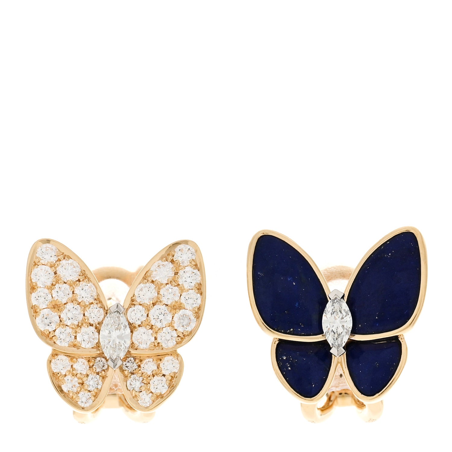 Van Cleef & Arpels 18K Yellow White Gold Diamond Lapis Lazuli Two Butterfly Earrings 1 of 4