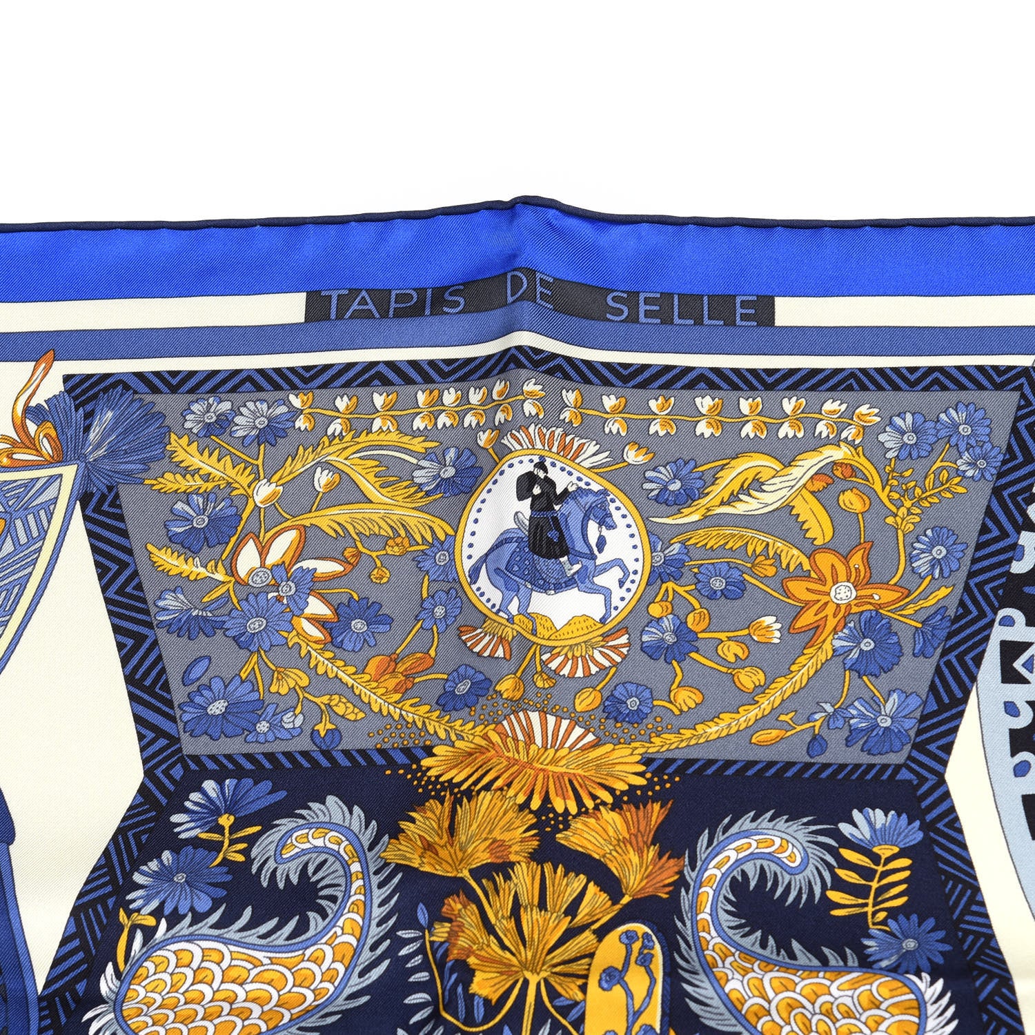 Hermes Silk Tapis De Selle Scarf 90 Vanille Bleu Royal Gold 2 of 5