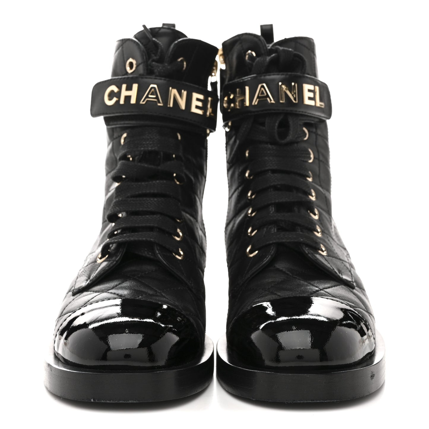 Lambskin Patent Calfskin Quilted Logo Lace Up Combat Boots 37 Black