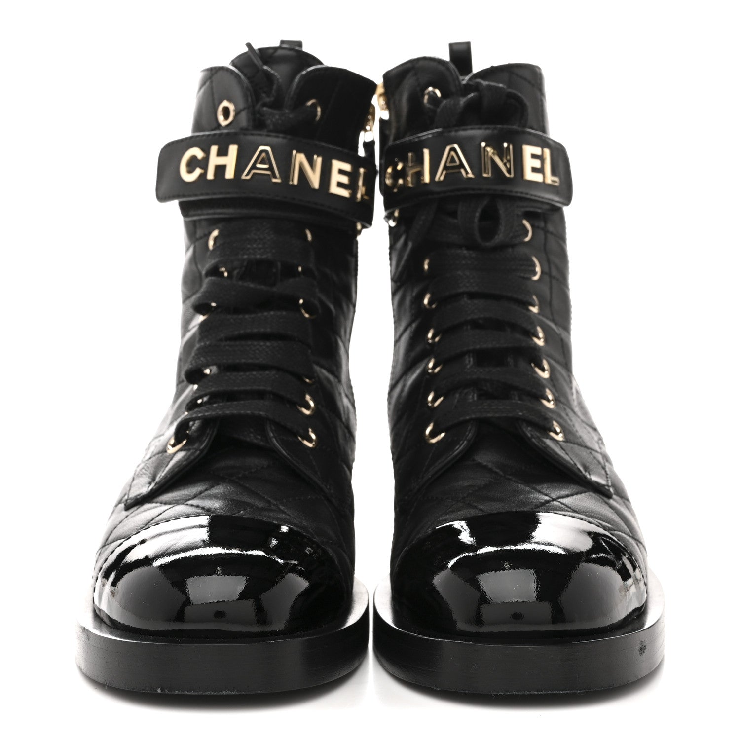 Chanel Lambskin Patent Calfskin Quilted Logo Lace Up Combat Boots 37 Black 3 of 11