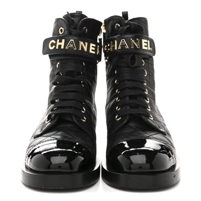 Chanel Lambskin Patent Calfskin Quilted Logo Lace Up Combat Boots 37 Black 3 of 11