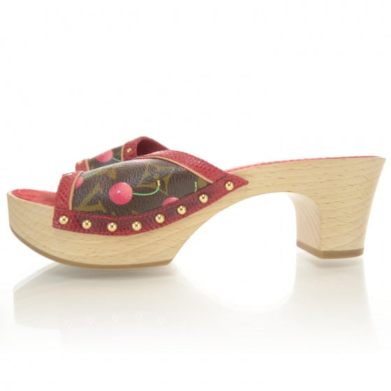 Canvas Wood Monogram Cerises Clogs Red 38.5