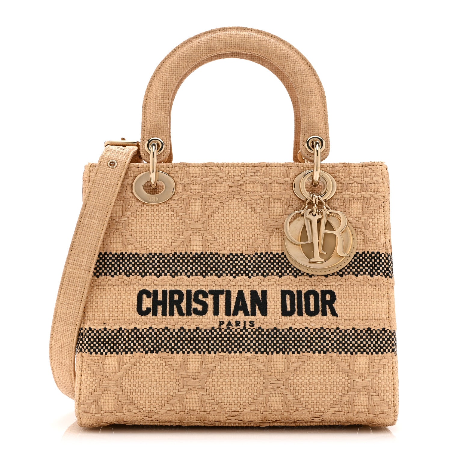 Christian Dior Raffia Woven Cannage Embroidered Medium Lady D-Lite Natural Black 1 of 10