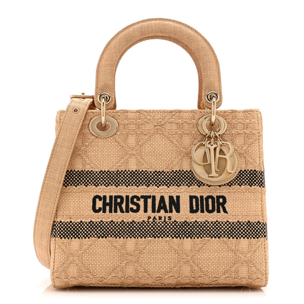 Christian Dior かごバッグ ベージュ/ブラック Christian Dior Raffia Woven Cannage Embroidered Medium Lady D-Lite