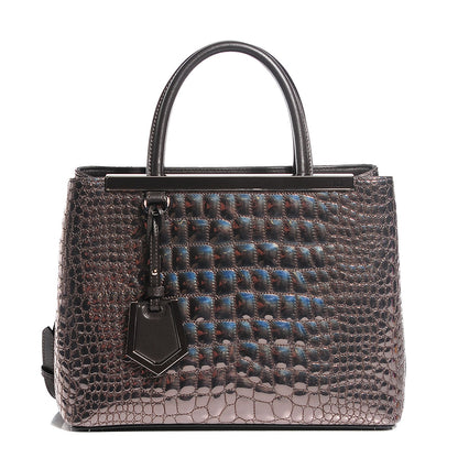 Fendi Metallic Calfskin Crocodile Embroidered Petite 2Jours Tote Silver Mirror 1 of 7