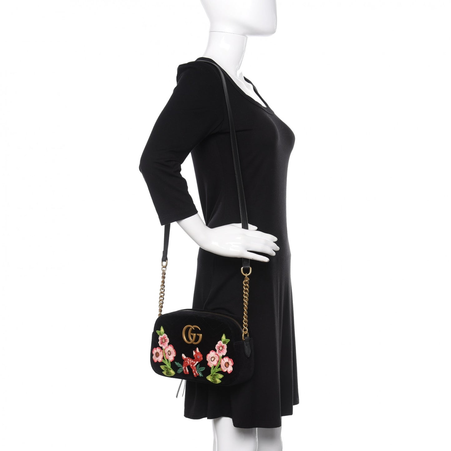Velvet Matelasse Deer Embroidered Small GG Marmont Chain Shoulder Bag Black