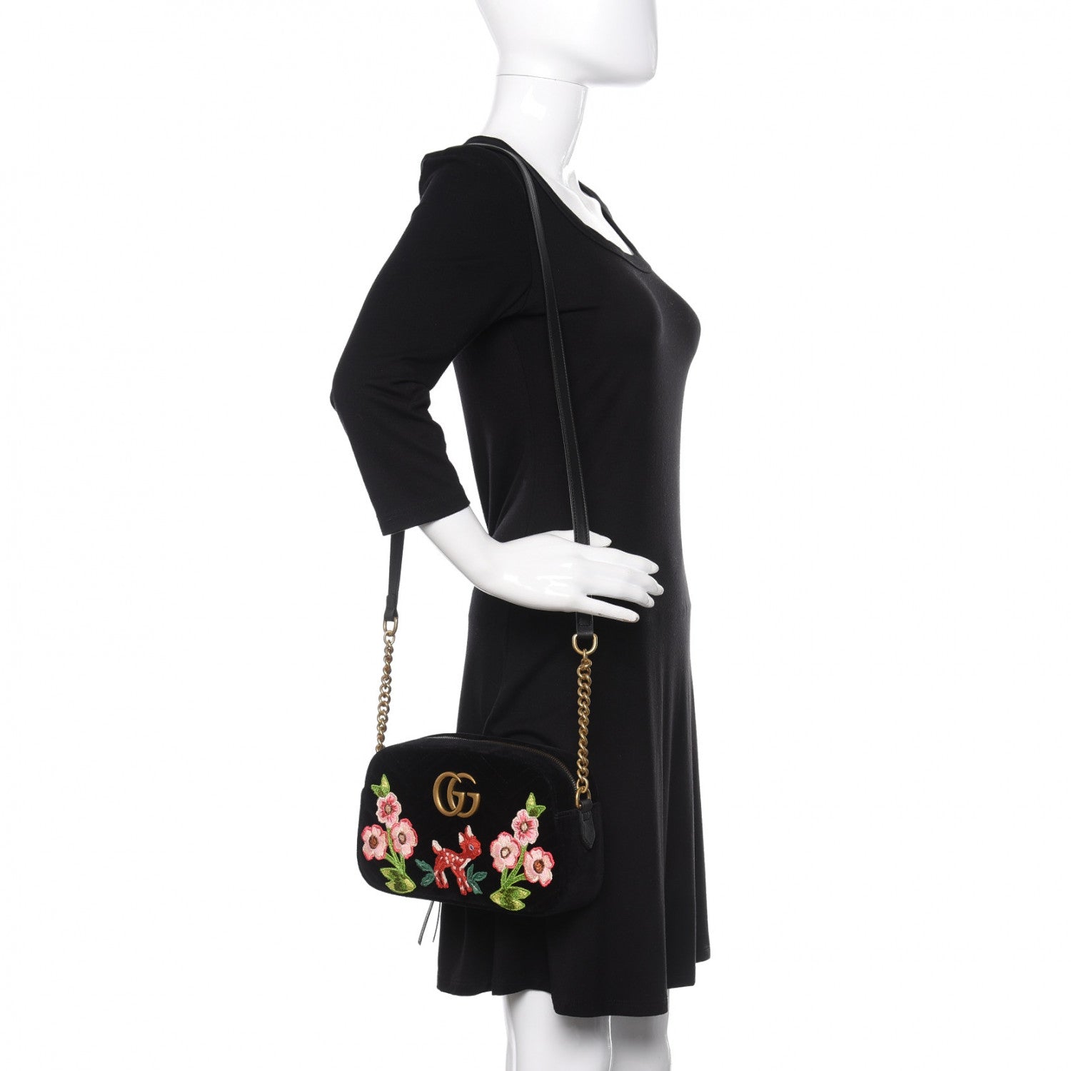 Gucci Velvet Matelasse Deer Embroidered Small GG Marmont Chain Shoulder Bag Black 2 of 10
