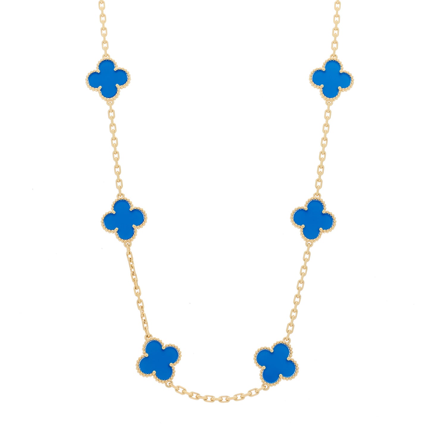 18K Yellow Gold Blue Agate 10 Motifs Vintage Alhambra Necklace