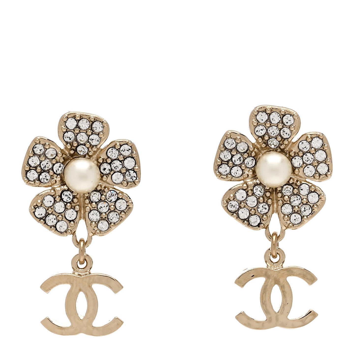 Pearl Crystal CC Flower Drop Earrings Gold White