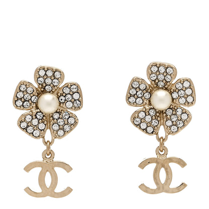 Chanel Pearl Crystal CC Flower Drop Earrings Gold White 1 of 4
