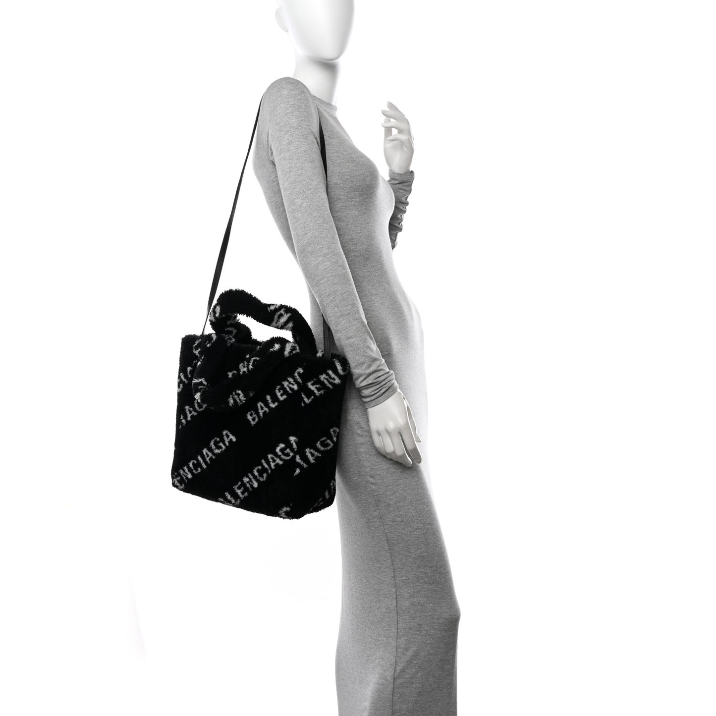 Faux Fur Diagonal Logo Everyday Tote Black White