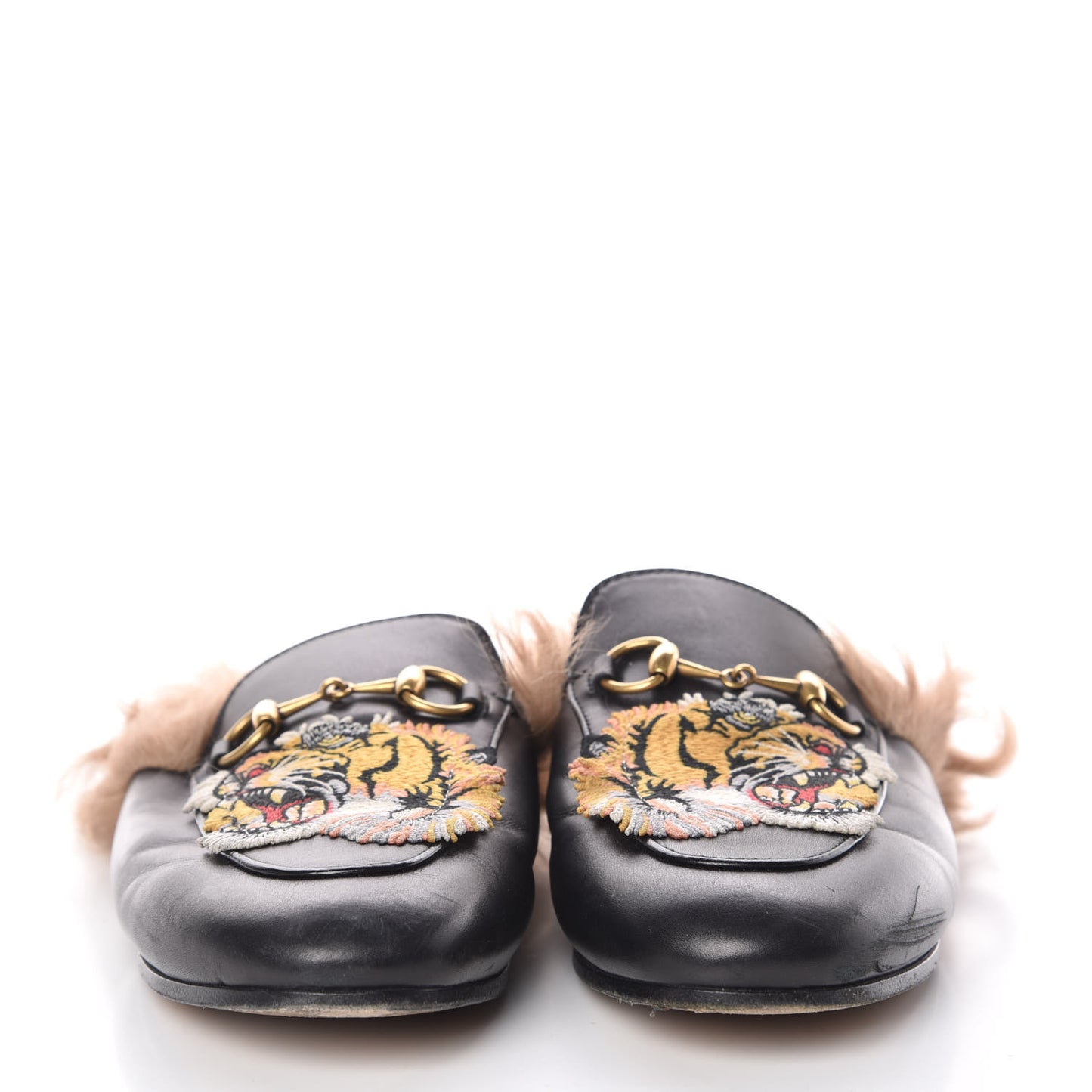 Calfskin Fur Tiger Embroidered Womens Princetown Slippers 36 Black