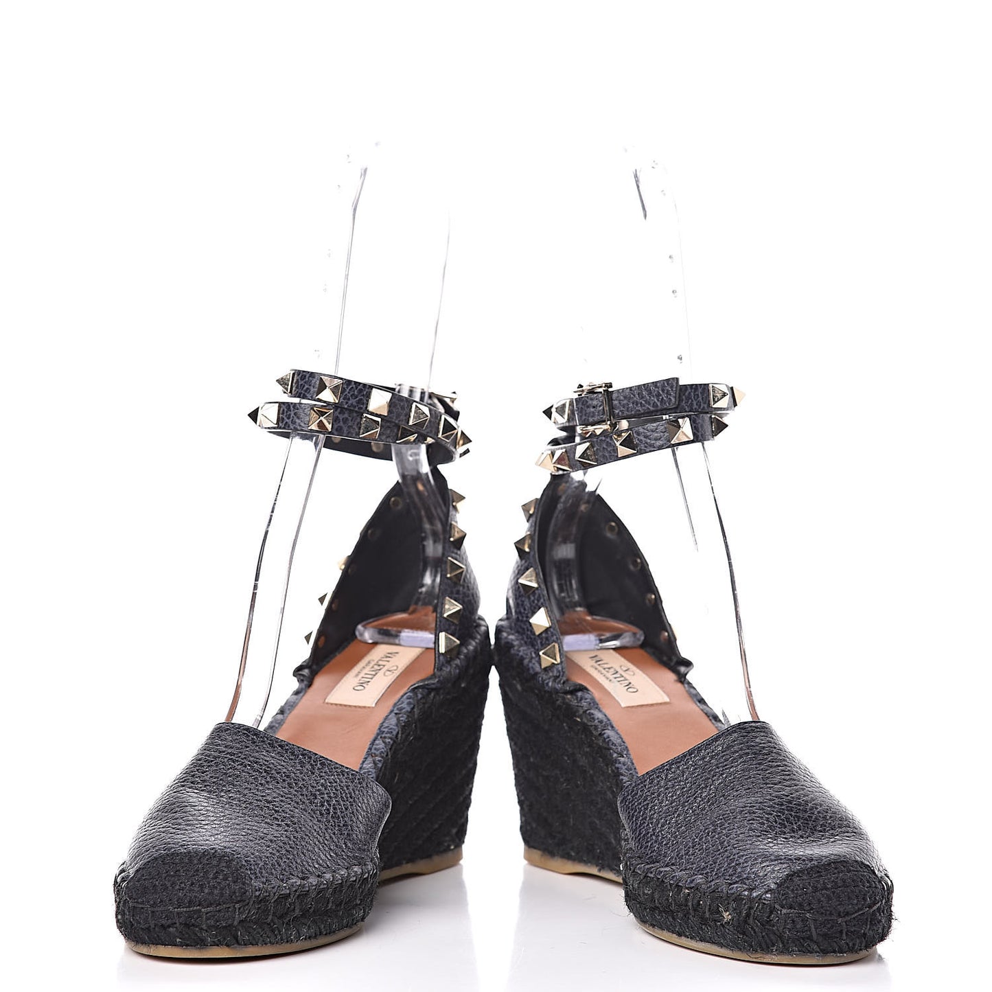 Grained Calfskin Rockstud Ankle Wrap Espadrille 15/75mm Wedges 36 Deep Denim