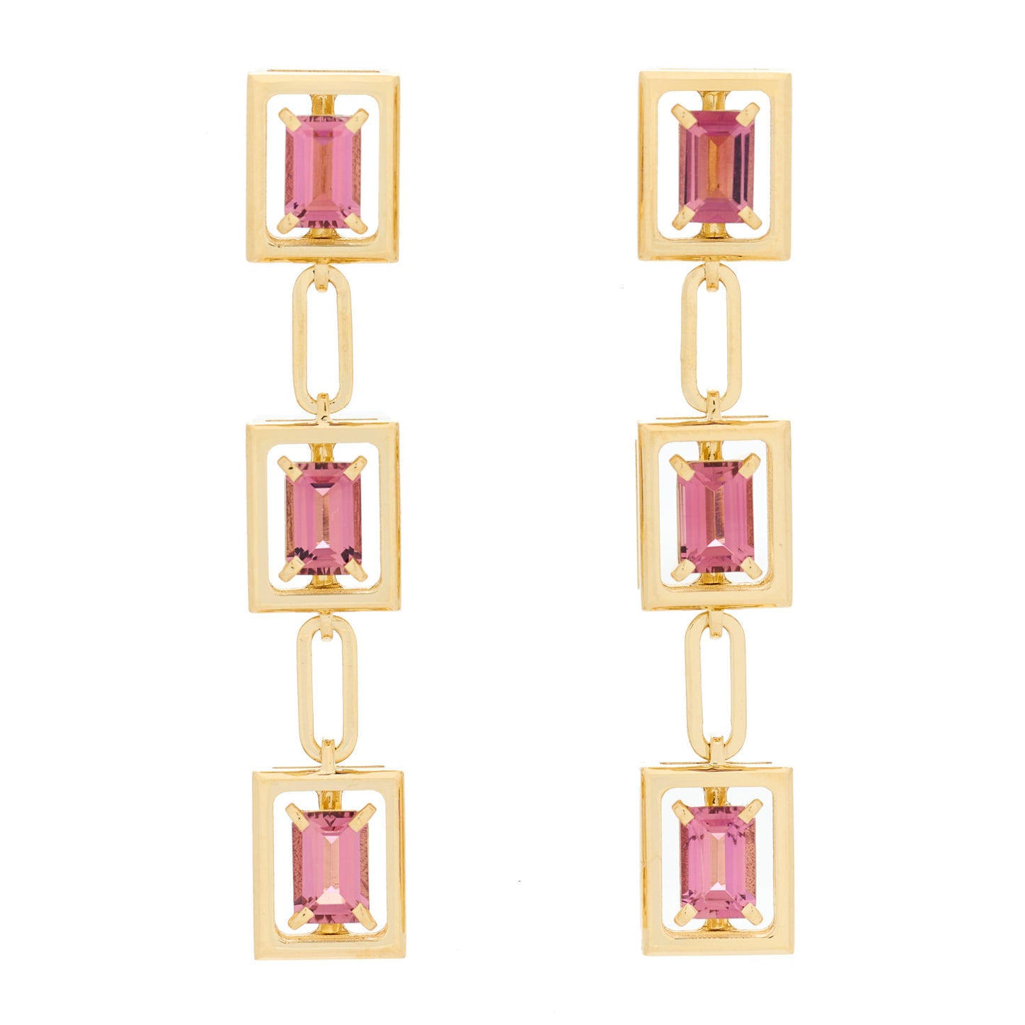 18K Yellow Gold Pink Tourmaline Jewel Box Drop Earrings
