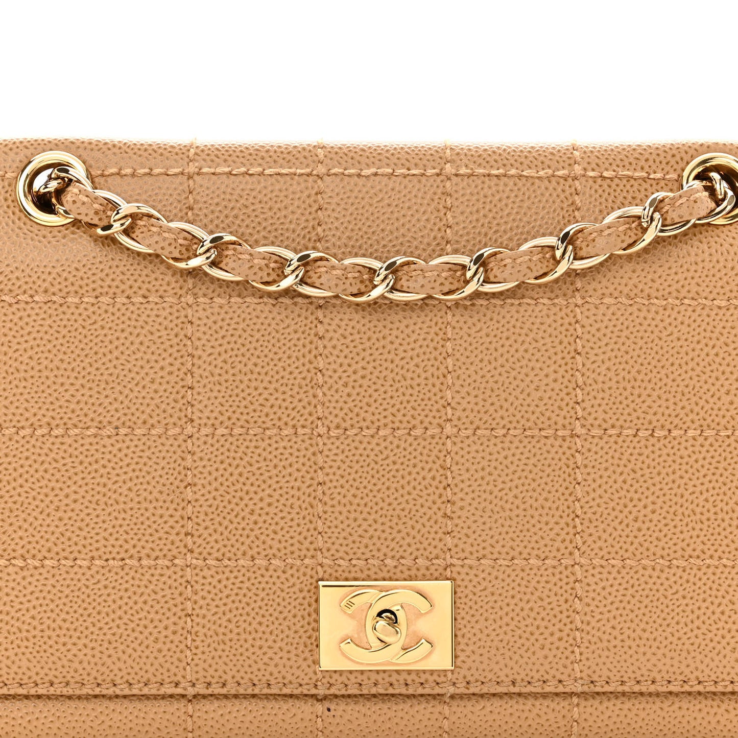 Caviar Chocolate Bar Stitched Medium Flap Beige