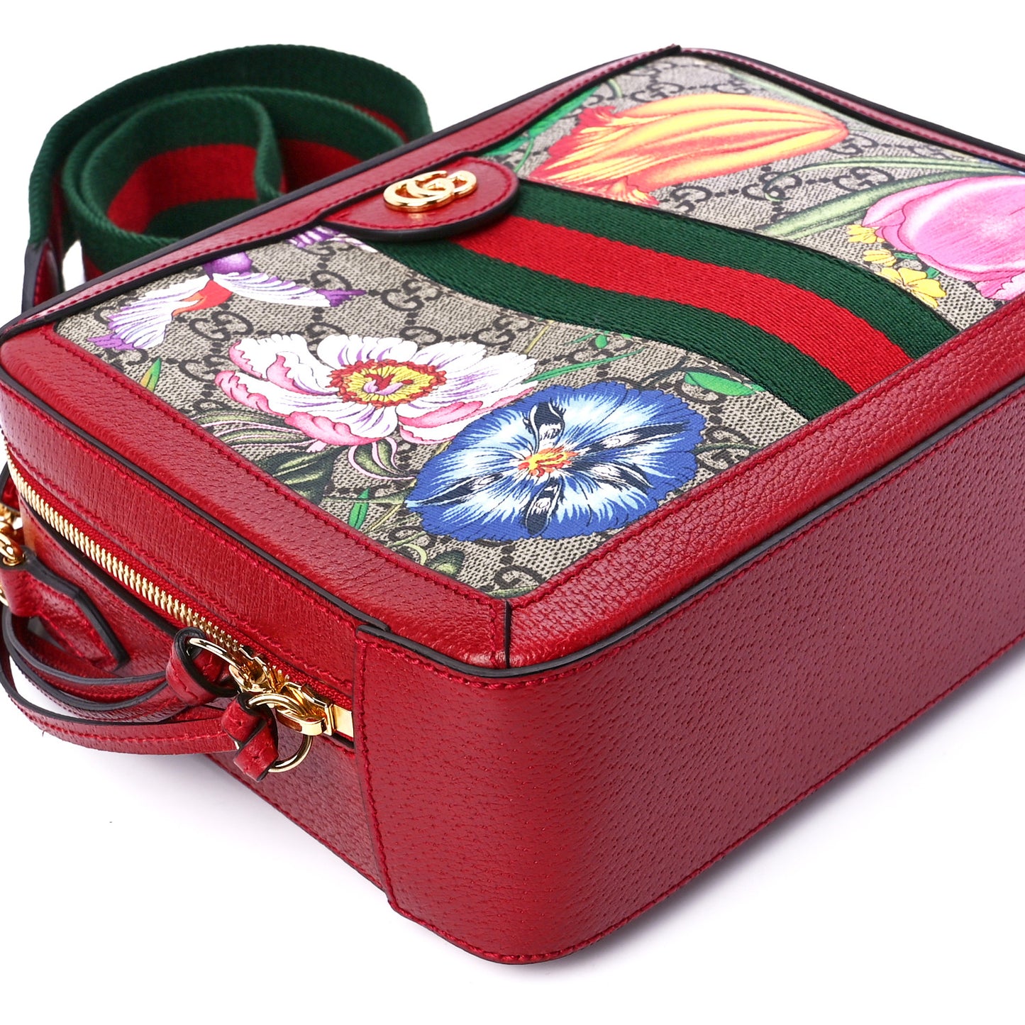 GG Supreme Monogram Flora Web Small Ophidia Top Handle Shoulder Bag Hibiscus Red