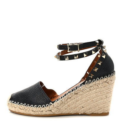 Valentino Garavani Grained Calfskin Rockstud Ankle Wrap Espadrille 15/85mm Wedges 37 Black Light Cuir 1 of 8