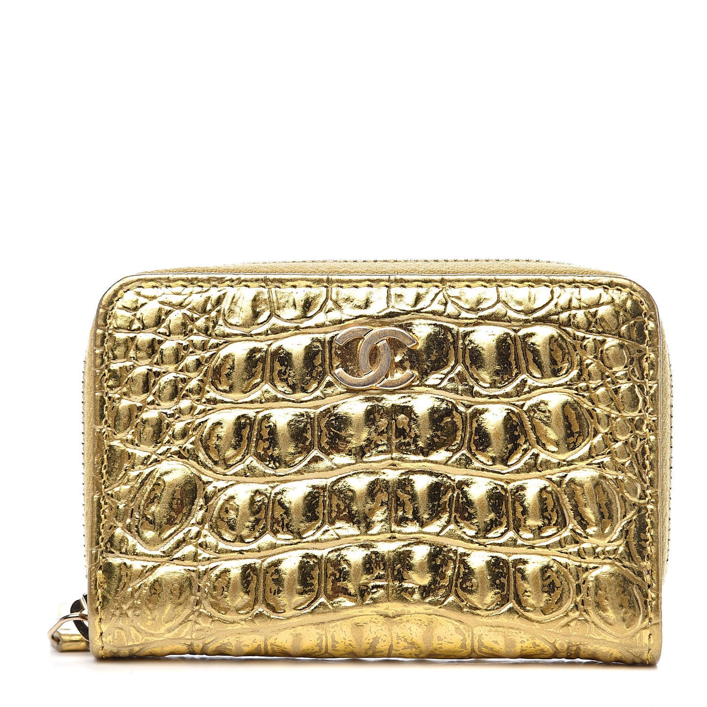 Metallic Calfskin Crocodile Embossed Cocodile Zip Coin Case Gold