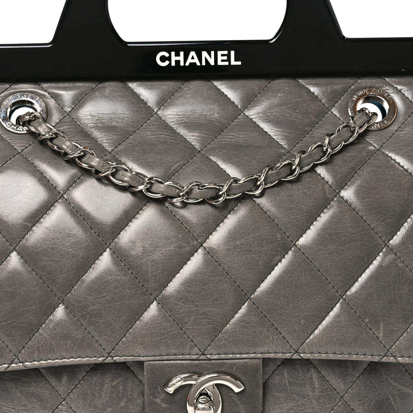 Glazed Calfskin Quilted Large CC Delivery Tote Grey