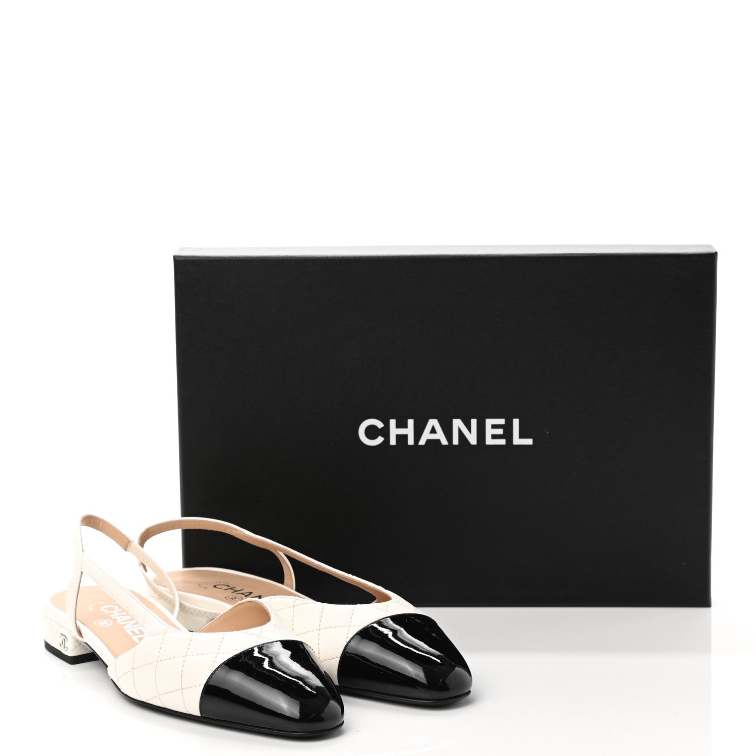 Chanel Lambskin Patent Quilted Cap Toe CC Slingback Flats 36 White Black 9 of 9