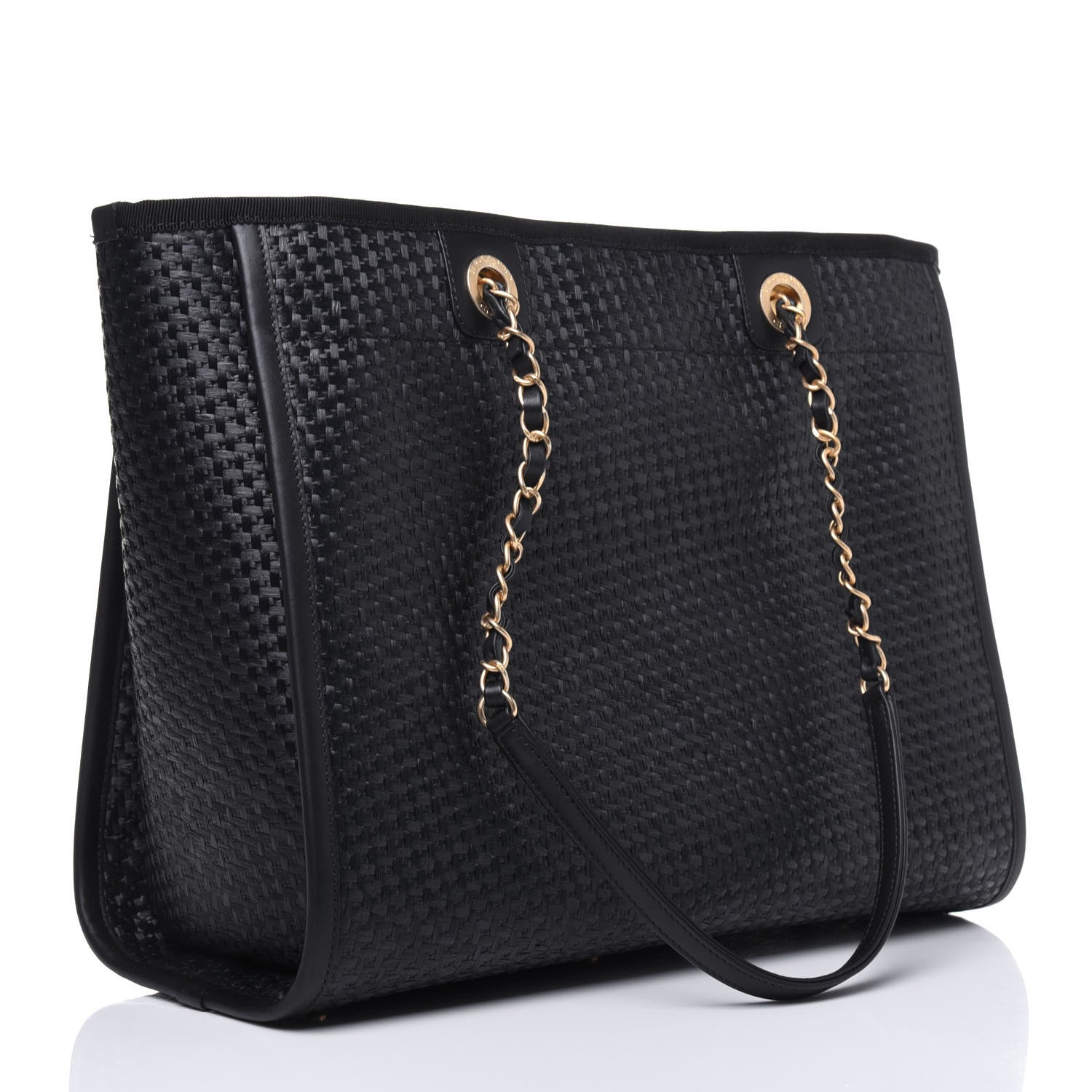 Chanel Straw Raffia Calfskin Chain Small Deauville Tote Black 3 of 13